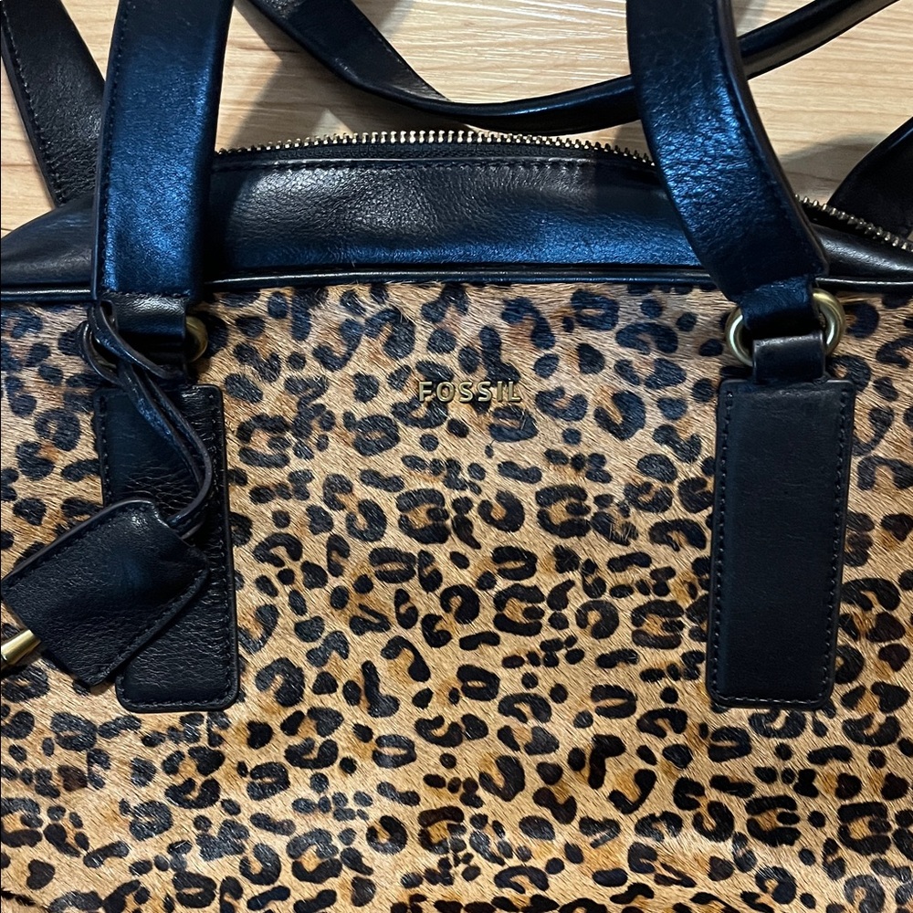 Fossil Leopard Print Satchel - Black and Tan